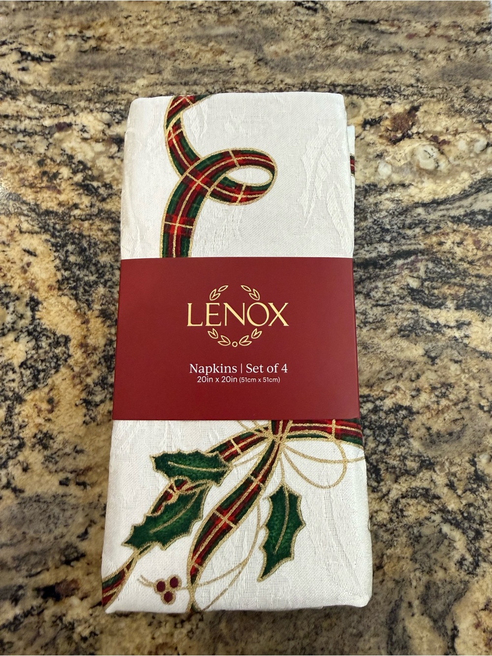 Lenox Cream Holiday Napkins with Green & Red Plaid Ribbon Accents